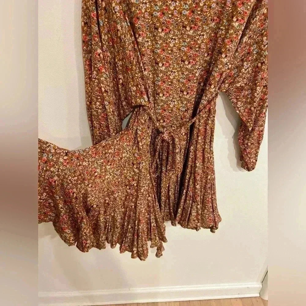 AURA Ballon Sleeve bat wing braided Belt flowy Boho floral fall mini dress S-M - Picture 12 of 15